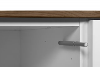 Buffet WHITY 2 blanc mat 180cm 2 portes/3 tiroirs Plateau en bois noyer avec pieds noir métal